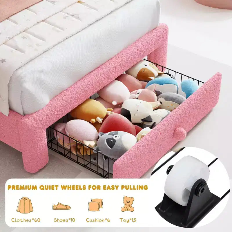 Estructura de cama tapizada con LED, con cajón de almacenamiento, cabecero chic ajustable, cama de plataforma de vellón bereber Princess para niños, soporte de madera, sin necesidad de somier
