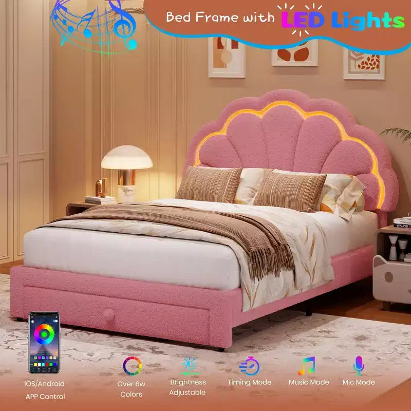 Estructura de cama tapizada con LED, con cajón de almacenamiento, cabecero chic ajustable, cama de plataforma de vellón bereber Princess para niños, soporte de madera, sin necesidad de somier