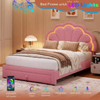 Estructura de cama tapizada con LED, con cajón de almacenamiento, cabecero chic ajustable, cama de plataforma de vellón bereber Princess para niños, soporte de madera, sin necesidad de somier