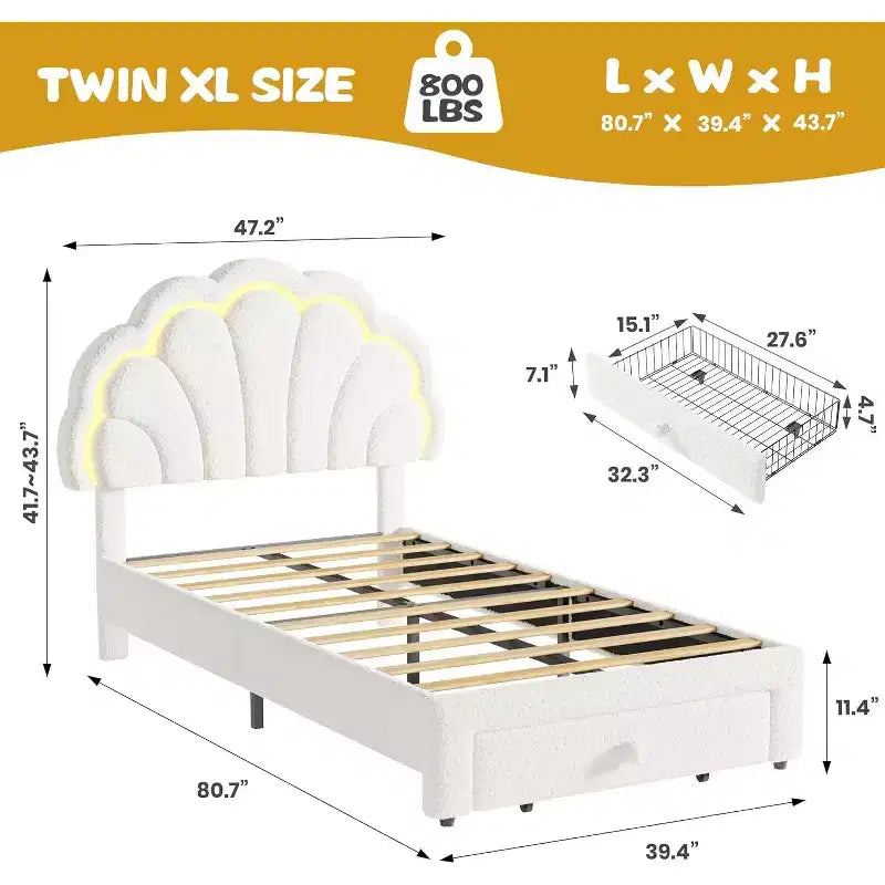 Estructura de cama tapizada con LED, con cajón de almacenamiento, cabecero chic ajustable, cama de plataforma de vellón bereber Princess para niños, soporte de madera, sin necesidad de somier