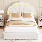 Estructura de cama tapizada con LED, con cajón de almacenamiento, cabecero chic ajustable, cama de plataforma de vellón bereber Princess para niños, soporte de madera, sin necesidad de somier