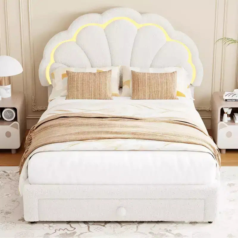 Estructura de cama tapizada con LED, con cajón de almacenamiento, cabecero chic ajustable, cama de plataforma de vellón bereber Princess para niños, soporte de madera, sin necesidad de somier