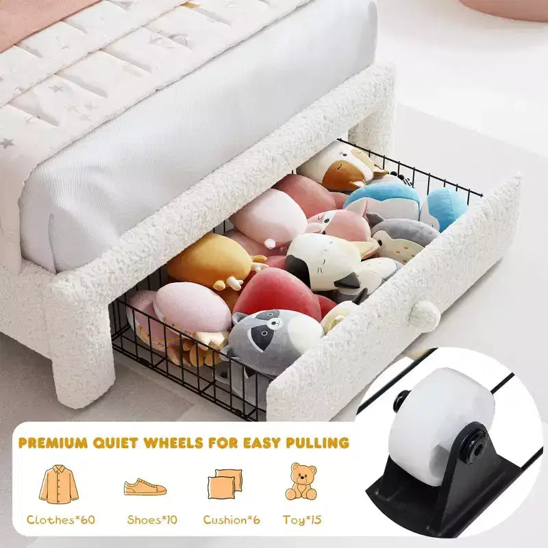 Estructura de cama tapizada con LED, con cajón de almacenamiento, cabecero chic ajustable, cama de plataforma de vellón bereber Princess para niños, soporte de madera, sin necesidad de somier