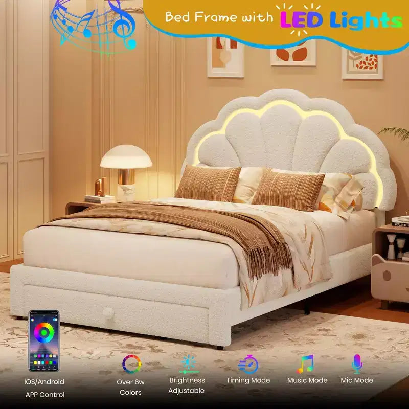 Estructura de cama tapizada con LED, con cajón de almacenamiento, cabecero chic ajustable, cama de plataforma de vellón bereber Princess para niños, soporte de madera, sin necesidad de somier