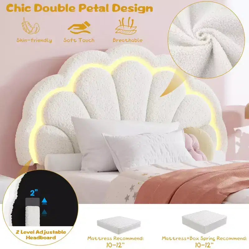 Estructura de cama tapizada con LED, con cajón de almacenamiento, cabecero chic ajustable, cama de plataforma de vellón bereber Princess para niños, soporte de madera, sin necesidad de somier