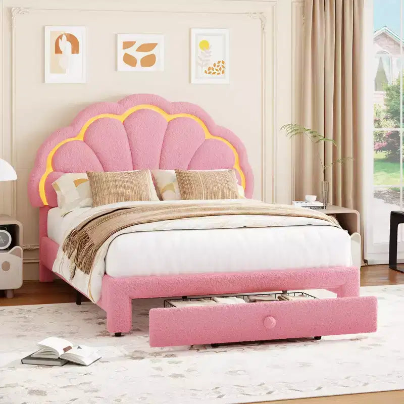 Estructura de cama tapizada con LED, con cajón de almacenamiento, cabecero chic ajustable, cama de plataforma de vellón bereber Princess para niños, soporte de madera, sin necesidad de somier