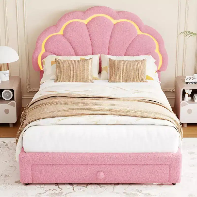 Estructura de cama tapizada con LED, con cajón de almacenamiento, cabecero chic ajustable, cama de plataforma de vellón bereber Princess para niños, soporte de madera, sin necesidad de somier
