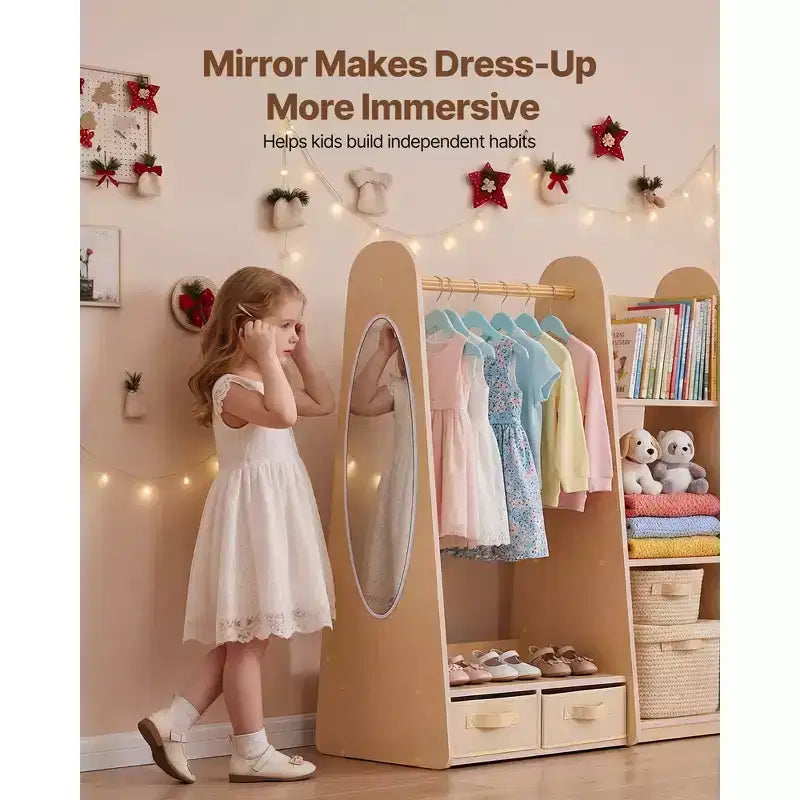 Armario de almacenamiento VEVOR para disfraces de niños, con espejo, para disfraces, armario para niñas pequeñas, ropero con estantes y bandeja inferior, Natural