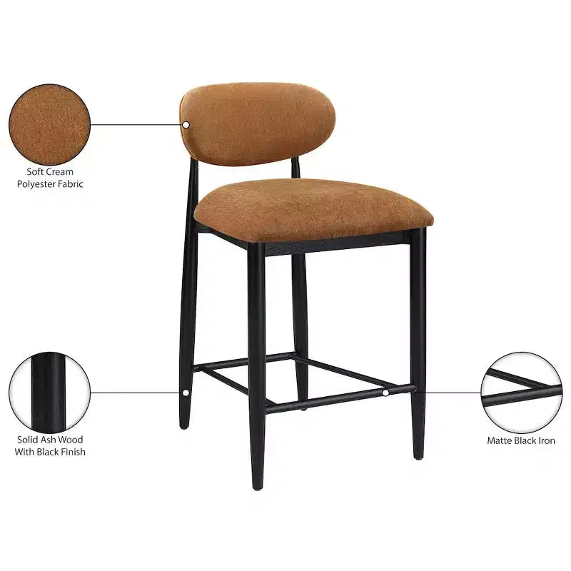 Meridian Furniture Riccio Taburete de mostrador de tela de rendimiento de hierro negro mate con acabado negro
