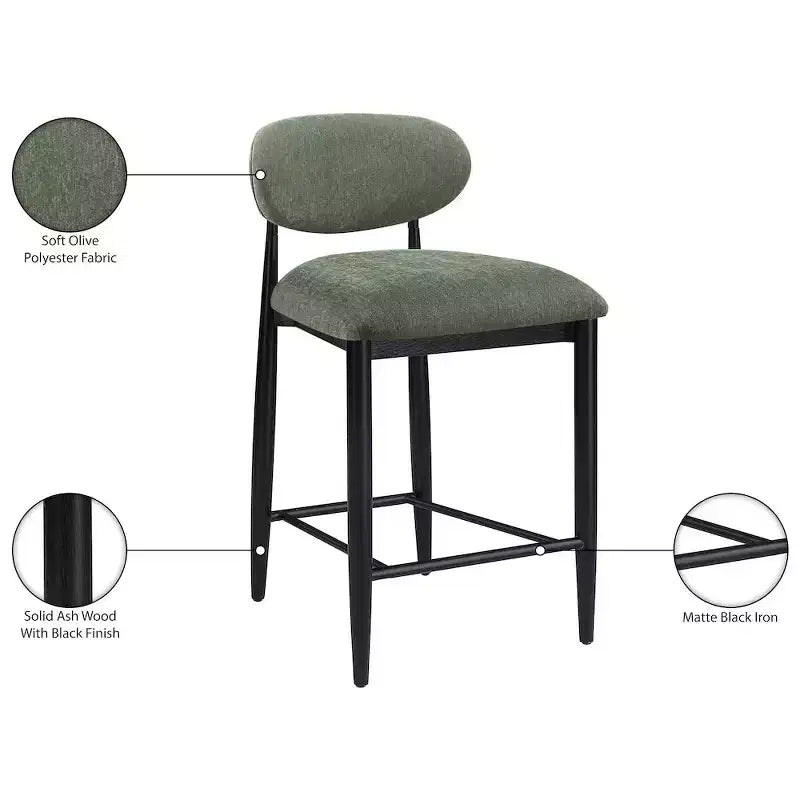 Meridian Furniture Riccio Taburete de mostrador de tela de rendimiento de hierro negro mate con acabado negro