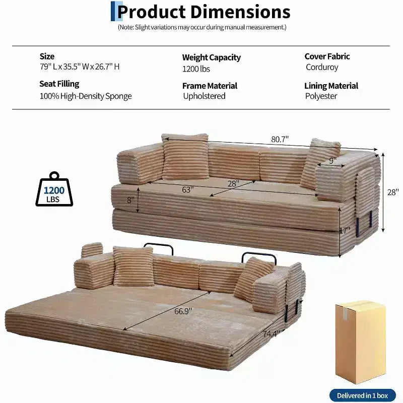 Sofá Cama Convertible 5 en 1 de 80.7", Sofá Plegable de Pana con Almacenamiento, 4 Marcos y 2 Almohadas, Sin Montaje, Ahorra Espacio para el Hogar y el Dormitorio, Beige