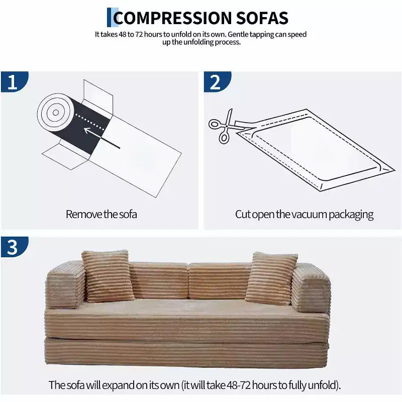 Sofá Cama Convertible 5 en 1 de 80.7", Sofá Plegable de Pana con Almacenamiento, 4 Marcos y 2 Almohadas, Sin Montaje, Ahorra Espacio para el Hogar y el Dormitorio, Beige