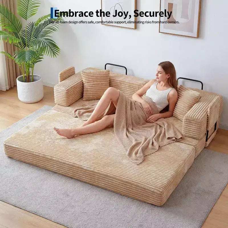 Sofá Cama Convertible 5 en 1 de 80.7", Sofá Plegable de Pana con Almacenamiento, 4 Marcos y 2 Almohadas, Sin Montaje, Ahorra Espacio para el Hogar y el Dormitorio, Beige