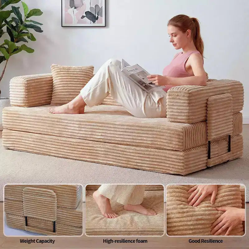 Sofá Cama Convertible 5 en 1 de 80.7", Sofá Plegable de Pana con Almacenamiento, 4 Marcos y 2 Almohadas, Sin Montaje, Ahorra Espacio para el Hogar y el Dormitorio, Beige