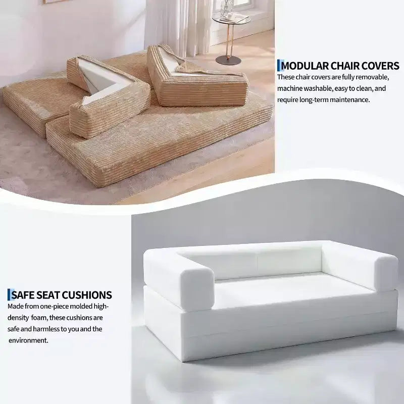 Sofá Cama Convertible 5 en 1 de 80.7", Sofá Plegable de Pana con Almacenamiento, 4 Marcos y 2 Almohadas, Sin Montaje, Ahorra Espacio para el Hogar y el Dormitorio, Beige