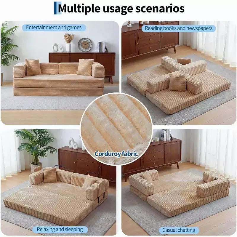 Sofá Cama Convertible 5 en 1 de 80.7", Sofá Plegable de Pana con Almacenamiento, 4 Marcos y 2 Almohadas, Sin Montaje, Ahorra Espacio para el Hogar y el Dormitorio, Beige