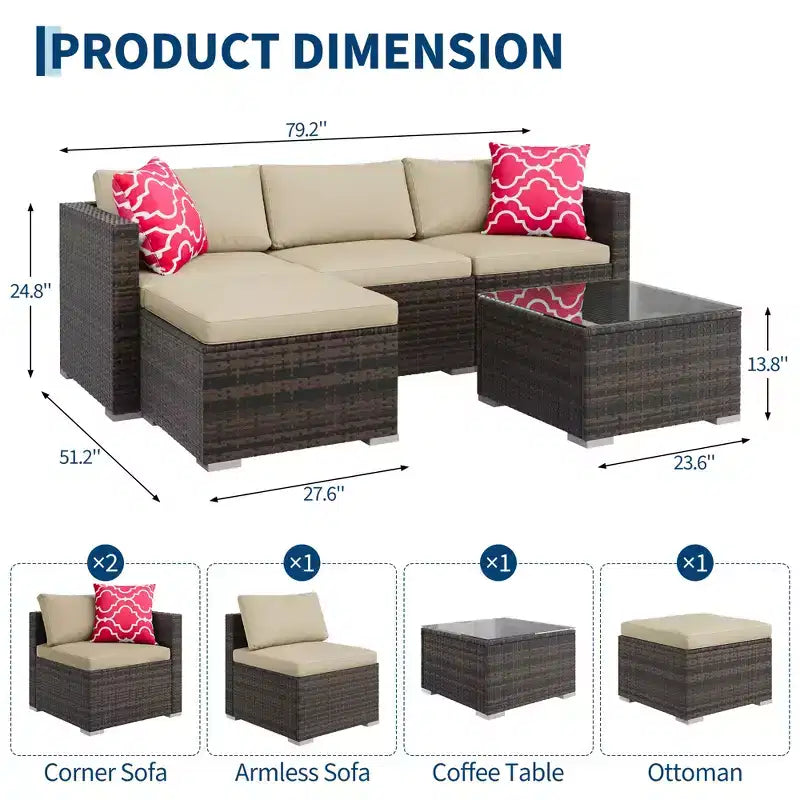 Juego de muebles de patio LinTimes con estructura de acero, mimbre PE, cojines y mesa de cristal para espacio al aire libre, fácil montaje