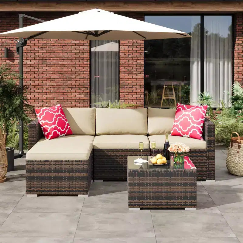 Juego de muebles de patio LinTimes con estructura de acero, mimbre PE, cojines y mesa de cristal para espacio al aire libre, fácil montaje