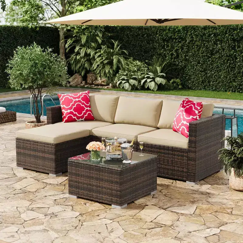 Juego de muebles de patio LinTimes con estructura de acero, mimbre PE, cojines y mesa de cristal para espacio al aire libre, fácil montaje