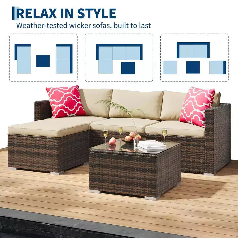 Juego de muebles de patio LinTimes con estructura de acero, mimbre PE, cojines y mesa de cristal para espacio al aire libre, fácil montaje