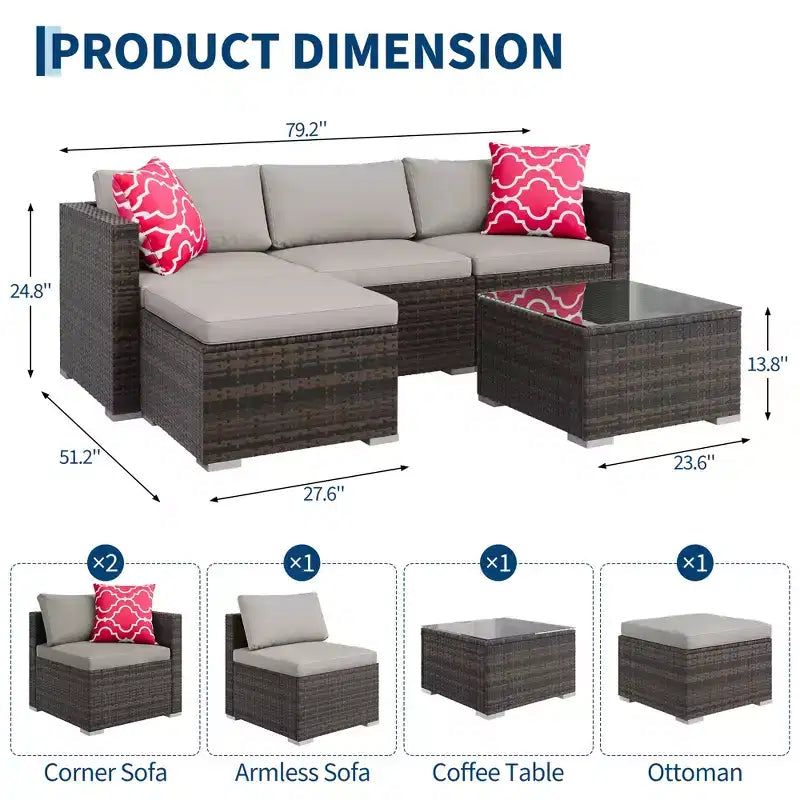 Juego de muebles de patio LinTimes con estructura de acero, mimbre PE, cojines y mesa de cristal para espacio al aire libre, fácil montaje
