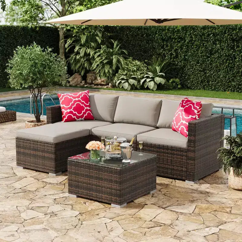 Juego de muebles de patio LinTimes con estructura de acero, mimbre PE, cojines y mesa de cristal para espacio al aire libre, fácil montaje