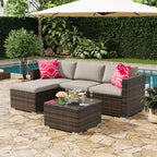 Juego de muebles de patio LinTimes con estructura de acero, mimbre PE, cojines y mesa de cristal para espacio al aire libre, fácil montaje