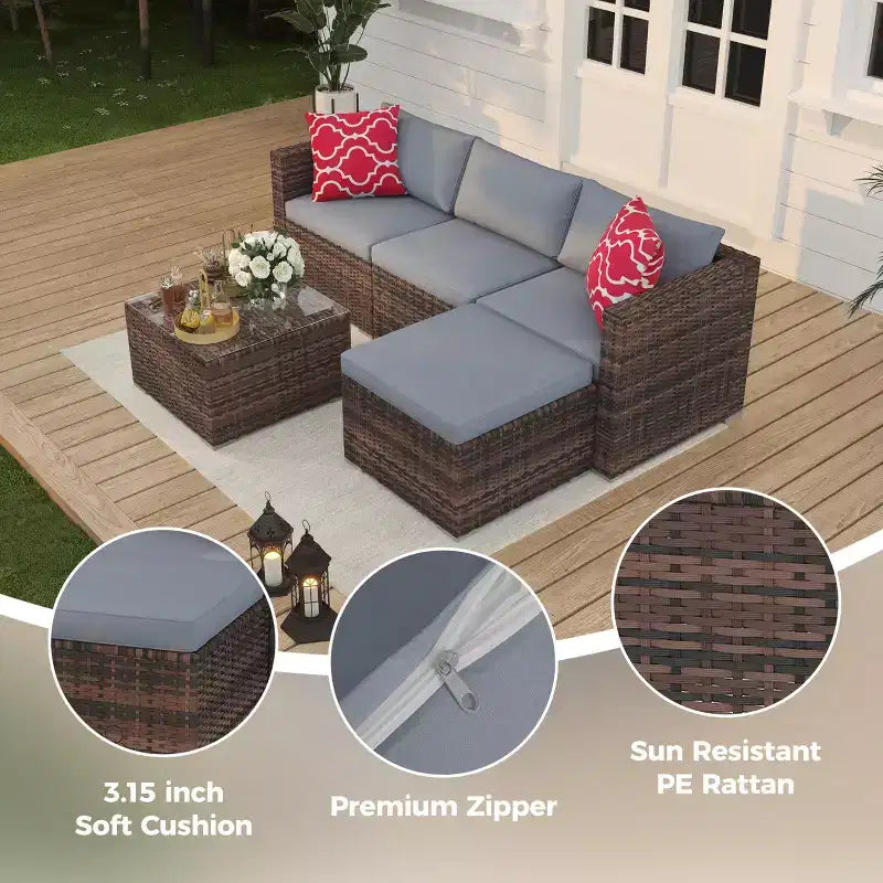 Juego de muebles de patio LinTimes con estructura de acero, mimbre PE, cojines y mesa de cristal para espacio al aire libre, fácil montaje