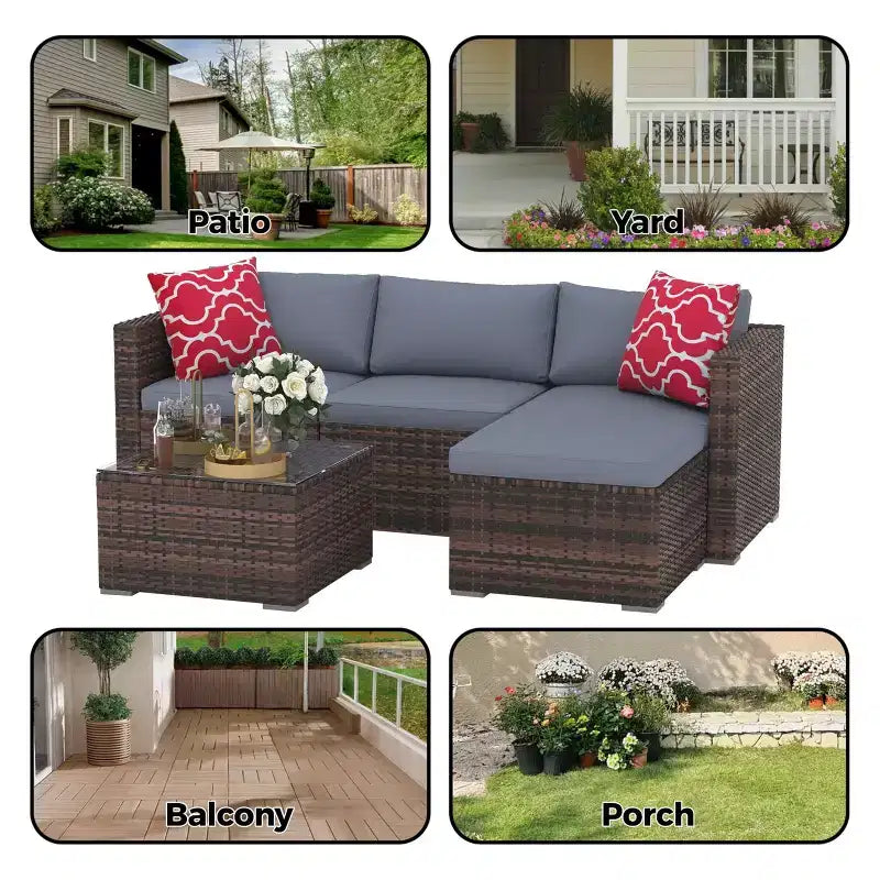 Juego de muebles de patio LinTimes con estructura de acero, mimbre PE, cojines y mesa de cristal para espacio al aire libre, fácil montaje
