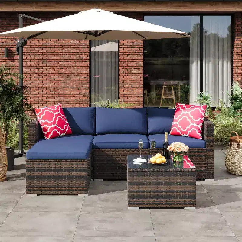 Juego de muebles de patio LinTimes con estructura de acero, mimbre PE, cojines y mesa de cristal para espacio al aire libre, fácil montaje