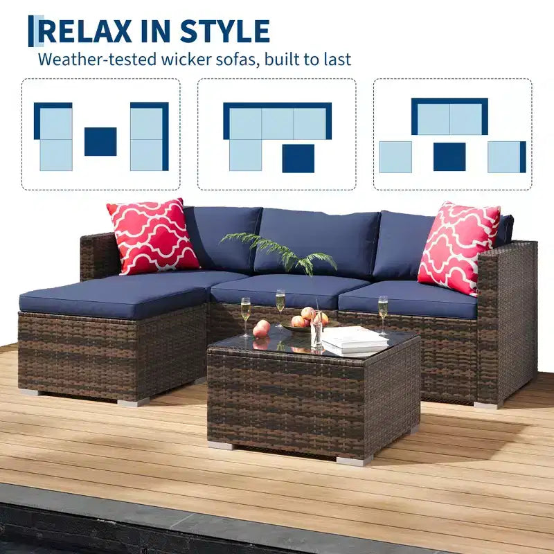 Juego de muebles de patio LinTimes con estructura de acero, mimbre PE, cojines y mesa de cristal para espacio al aire libre, fácil montaje