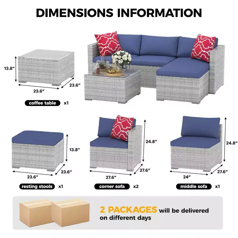 Juego de muebles de patio LinTimes con estructura de acero, mimbre PE, cojines y mesa de cristal para espacio al aire libre, fácil montaje