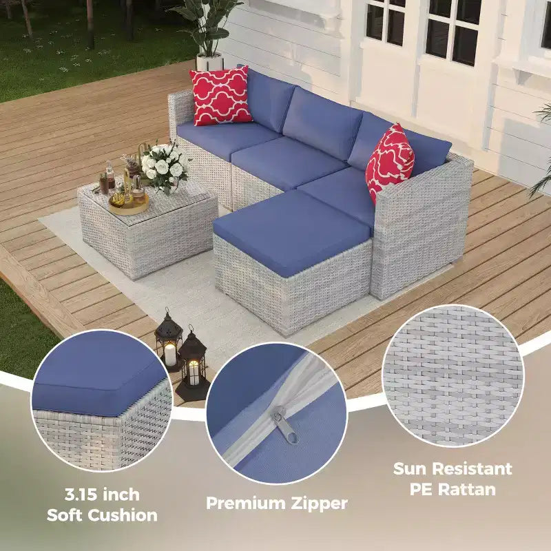 Juego de muebles de patio LinTimes con estructura de acero, mimbre PE, cojines y mesa de cristal para espacio al aire libre, fácil montaje