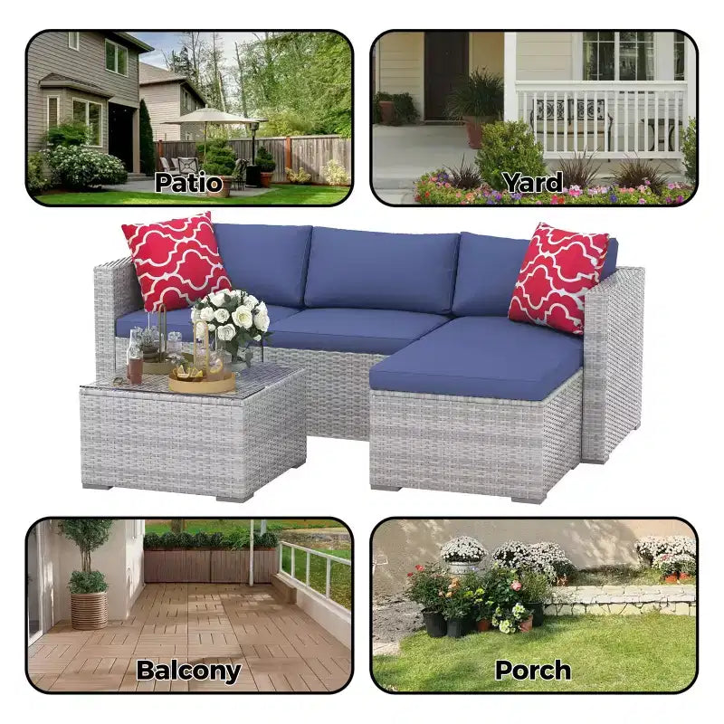 Juego de muebles de patio LinTimes con estructura de acero, mimbre PE, cojines y mesa de cristal para espacio al aire libre, fácil montaje