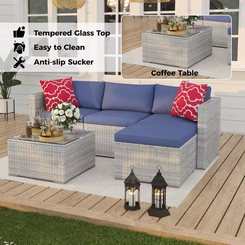Juego de muebles de patio LinTimes con estructura de acero, mimbre PE, cojines y mesa de cristal para espacio al aire libre, fácil montaje