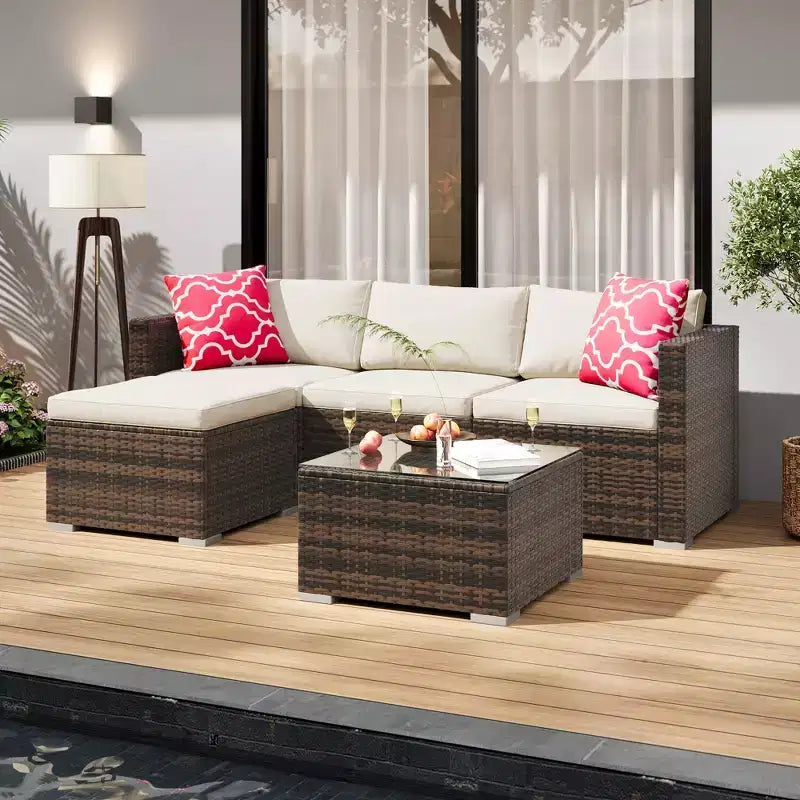 Juego de muebles de patio LinTimes con estructura de acero, mimbre PE, cojines y mesa de cristal para espacio al aire libre, fácil montaje