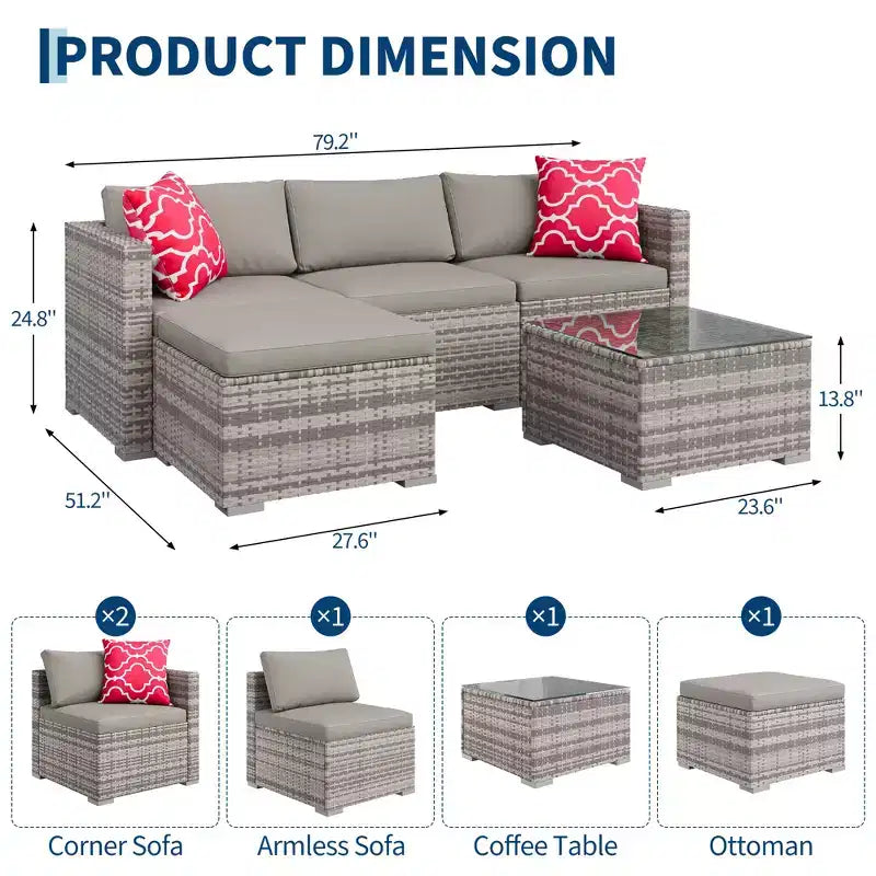 Juego de muebles de patio LinTimes con estructura de acero, mimbre PE, cojines y mesa de cristal para espacio al aire libre, fácil montaje