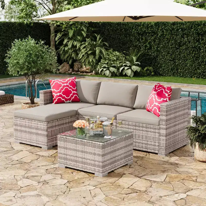 Juego de muebles de patio LinTimes con estructura de acero, mimbre PE, cojines y mesa de cristal para espacio al aire libre, fácil montaje