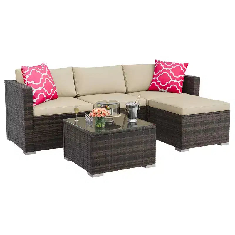 Juego de muebles de patio LinTimes con estructura de acero, mimbre PE, cojines y mesa de cristal para espacio al aire libre, fácil montaje