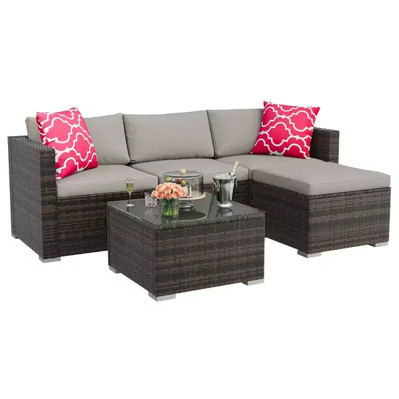 Juego de muebles de patio LinTimes con estructura de acero, mimbre PE, cojines y mesa de cristal para espacio al aire libre, fácil montaje