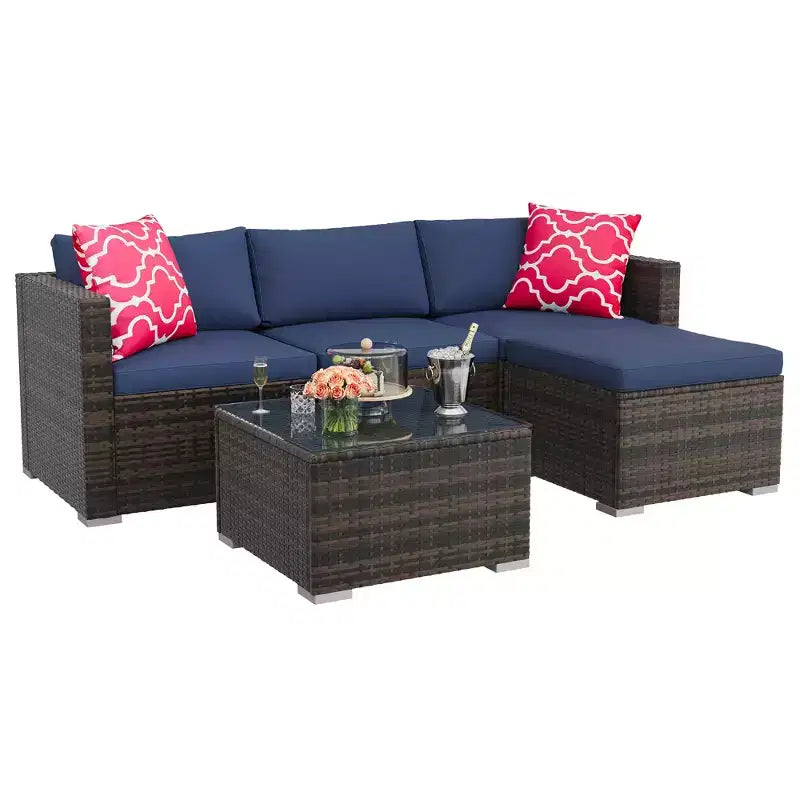Juego de muebles de patio LinTimes con estructura de acero, mimbre PE, cojines y mesa de cristal para espacio al aire libre, fácil montaje