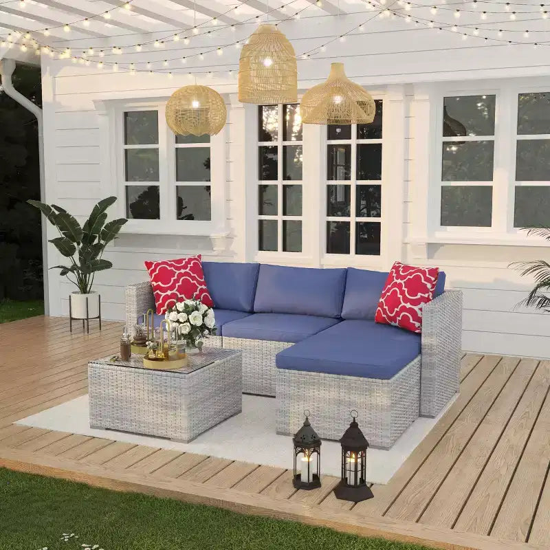 Juego de muebles de patio LinTimes con estructura de acero, mimbre PE, cojines y mesa de cristal para espacio al aire libre, fácil montaje