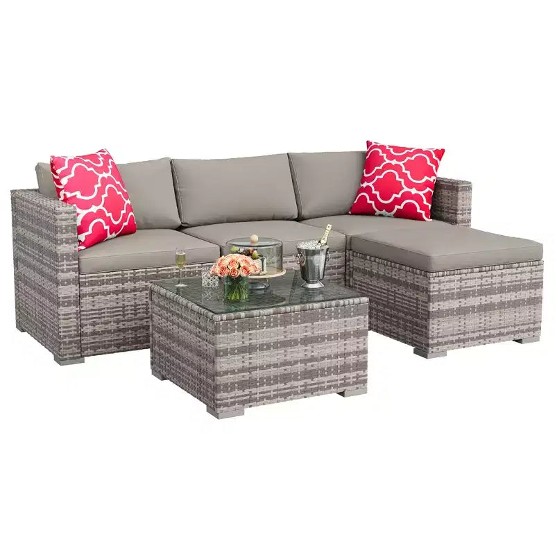 Juego de muebles de patio LinTimes con estructura de acero, mimbre PE, cojines y mesa de cristal para espacio al aire libre, fácil montaje