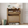 GustoWave 32 Narrow Rattan Shoe Storage Cabinet with 2 Flip-Down Drawers, Brown