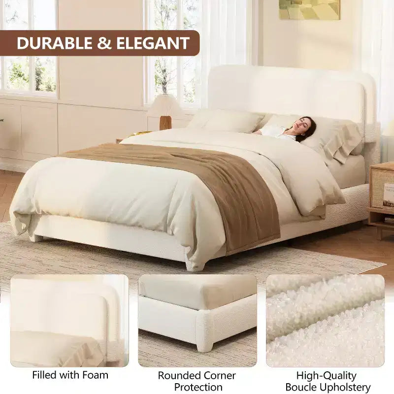 Cama Plataforma Tapizada GDFStudio Cloudmere Moden Boucle con Cabecero Curvo Ajustable