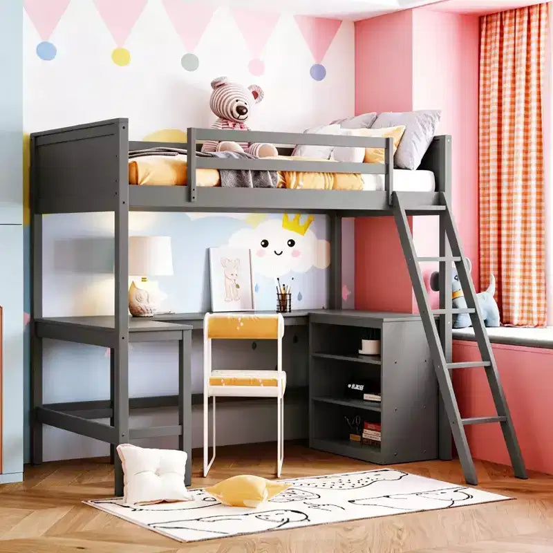 Cama alta moderna individual Luxystar con escritorio integrado y estantes de almacenamiento,