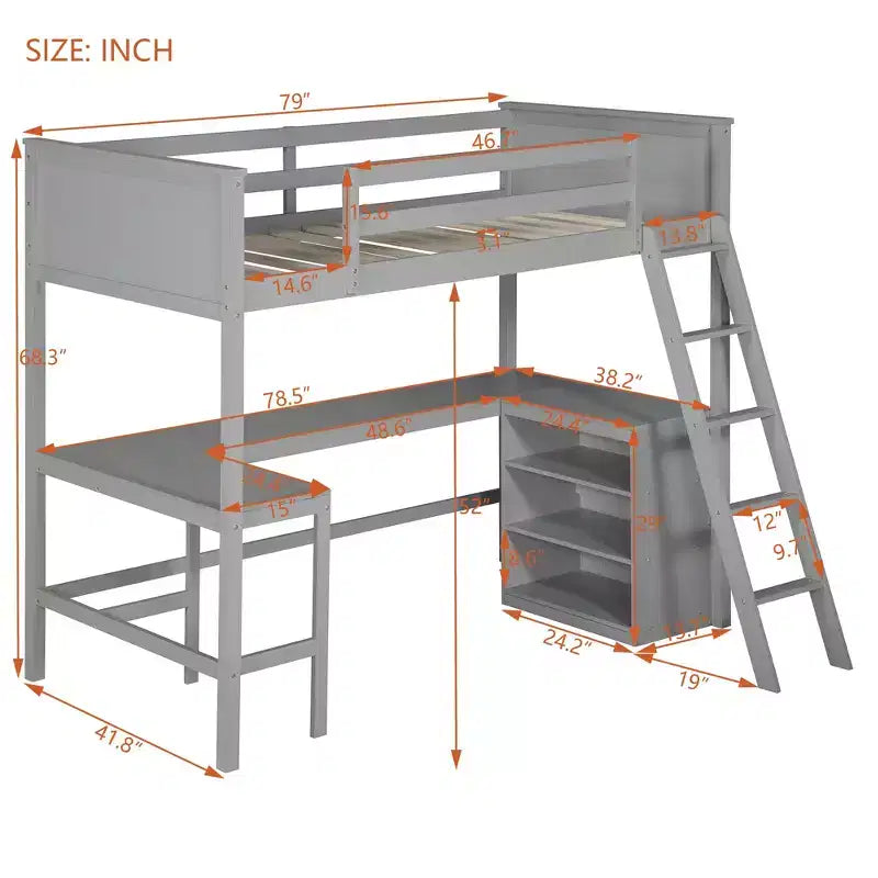 Cama alta moderna individual Luxystar con escritorio integrado y estantes de almacenamiento,