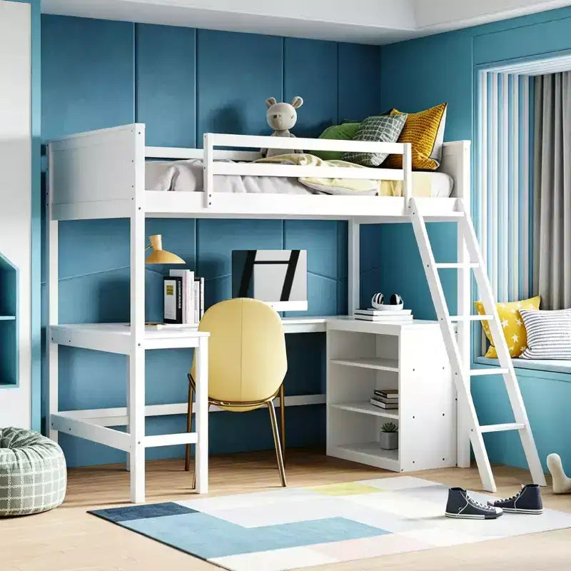 Cama alta moderna individual Luxystar con escritorio integrado y estantes de almacenamiento,