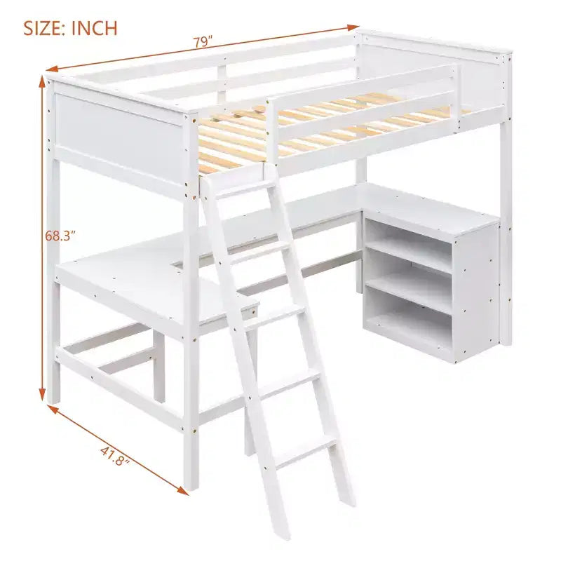 Cama alta moderna individual Luxystar con escritorio integrado y estantes de almacenamiento,