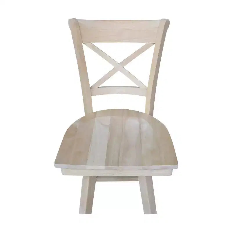 Taburete de barra Charlotte con altura de mostrador, giratorio y retorno automático sin terminar - International Concepts: Estructura de madera, diseño de respaldo en X, limpieza localizada